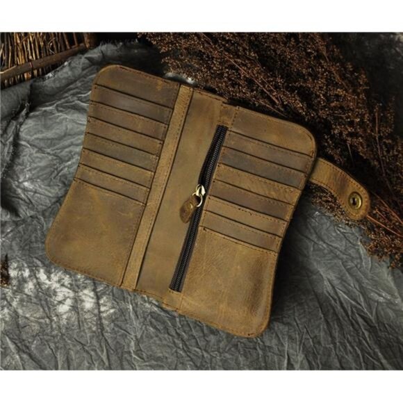 Mens Genuine Leather Bifold Wallet Organizer Checkbook Iron Chain - Picture 6 of 8